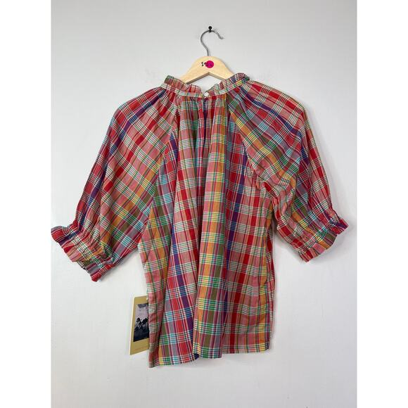 NWT Birds of Paradise Shelia Tapestry Red Plaid Balloon Sleeve Blouse Top - Picture 7 of 8